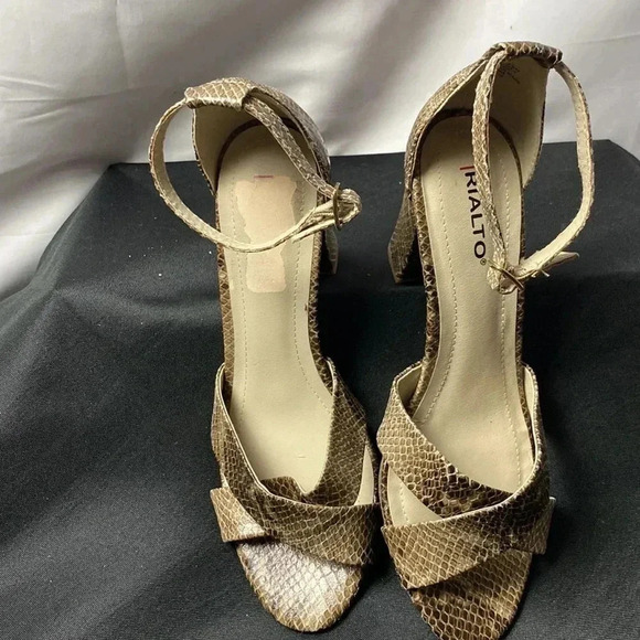 RIALTO WO SIZE 9.5 BROWN SNAKESKIN-ANKLE STRAP 4” THICK  HEEL OPEN TOE SHOE - Picture 13 of 13